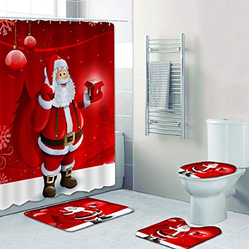 ChYoung 4 STÜCKE Weihnachten Bad Sets Schneemann Weihnachtsmann Duschvorhang / Badematten Teppiche / U-förmigen Podest Matte / Toilettensitzbezug (A9) von ChYoung