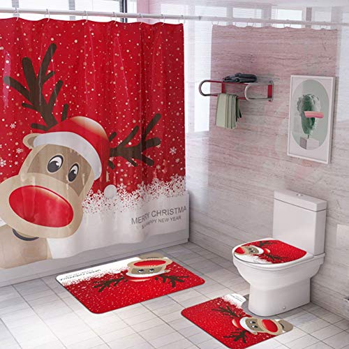 ChYoung 4 STÜCKE Weihnachten Bad Sets Schneemann Weihnachtsmann Duschvorhang/Badematten Teppiche/U-förmigen Podest Matte/Toilettensitzbezug von ChYoung