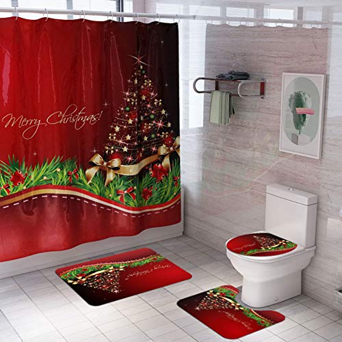 Weihnachten Duschvorhang 4 Stück Set, Weihnachten Badezimmer Set Dekorationen Zubehör Badezimmer Badewanne Matte Teppich Weihnachten Duschvorhänge für Badezimmer Dekor mit 12 Haken von ChYoung