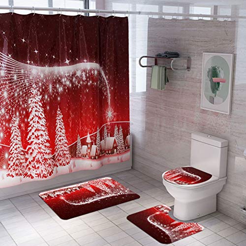 Weihnachten Duschvorhang 4 Stück Set, Weihnachten Badezimmer Set Dekorationen Zubehör Badezimmer Badewanne Matte Teppich Weihnachten Duschvorhänge für Badezimmer Dekor mit 12 Haken von ChYoung