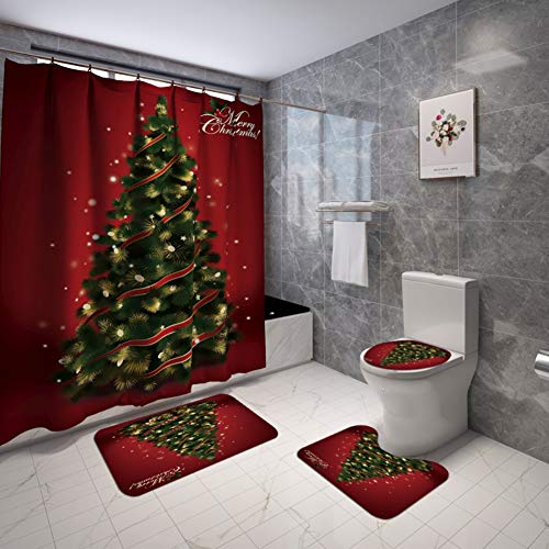 Weihnachten Duschvorhang 4 Stück Set, Weihnachten Badezimmer Set Dekorationen Zubehör Badezimmer Badewanne Matte Teppich Weihnachten Duschvorhänge für Badezimmer Dekor mit 12 Haken von ChYoung