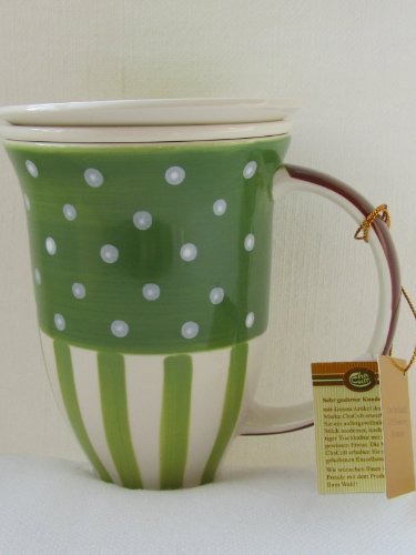 Tee Becher Kräuterteetasse Teetasse Linda mit Ablagetellerchen und Teesieb, Keramik glasiert grün braun gestreift / gepunktet, sortierte Designs von Cha Cult