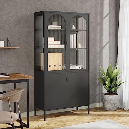 Chaduof Highboard Schwarz 90x40x180 cm Glas und Stahl Buffetschrank, Mehrzweckschrank, Bücherschrank, Hochschrank, Vorratsschrank, Wohnzimmerschrank, Sideboard, Küchenschrank, 353000 von Chaduof