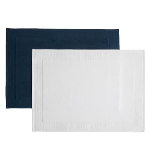 Chakra 2er Pack Badematte 100% Baumwolle 50x70 cm, Ultra Saugfähig Badezimmerteppich Set, Weich & Langlebig Badteppich, Maschinenwaschbar Badzimmermatte, Badvorleger Set 2 Teilig, Weiß/Marinblau von Chakra