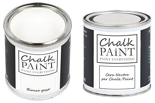 CHALK PAINT Kreidefarbe in Weiß + Möbelwachs Farblos im Set für Alle Oberflächen - 250 ml Matte Farbe + 250 ml Antikwachs Matt für Möbel & Wände - Versiegelung für Innen & Außen von Chalk PAiNT PAINT EVERYTHING