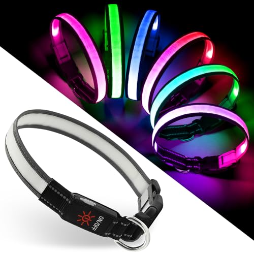 Leuchthalsband Hund, Mehrfarbiges LED-Hundehalsband mit 7 Beleuchtungsmodi – USB-C Wiederaufladbare, Echtzeit-Batterieanzeige – Wasserdicht verstellbar Leuchthalsband für Kleine Mittlere Große Hunde von ChalkLit