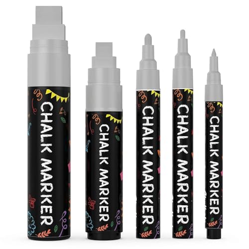 Chalkola Kreidestifte - Silber- 5 Kreide Markers Multipack - 1mm, 3mm, 6mm, 10mm, 15mm Spitze. Kreidestifte für Fenster, Tafel, Glas und mehr. Ideal für Erwachsene, Künstler, Lehrer und Kinder. von Chalkola