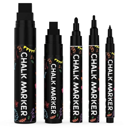 Chalkola Kreidestifte - Schwarz- 5 Kreide Markers Multipack - 1mm, 3mm, 6mm, 10mm, 15mm Spitze. Kreidestifte für Fenster, Tafel, Glas und mehr. Ideal für Erwachsene, Künstler, Lehrer und Kinder. von Chalkola