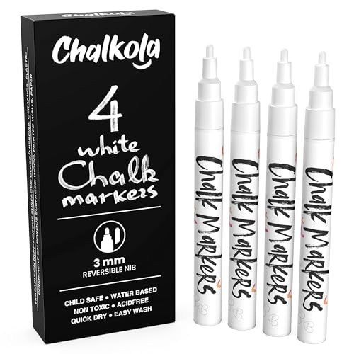 Chalkola Kreidestifte für Tafel Abwaschbar Weiß - 4 Kreidemarker Weiss 3mm Umkehrbare Spitze - Kreidestift Weiß für Fenster, Tafel, als Glasstift - Chalk Markers für Erwachsene und Kinder von Chalkola