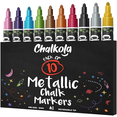 Chalkola Kreidestifte für Tafel Abwaschbar - 10 Metallic Stifte mit 6mm Umkehrbare Spitze - Kreide Stift für Fenster, Tafel, Whiteboard und als Glasstift - Chalk Markers für Erwachsene & Kinder von Chalkola