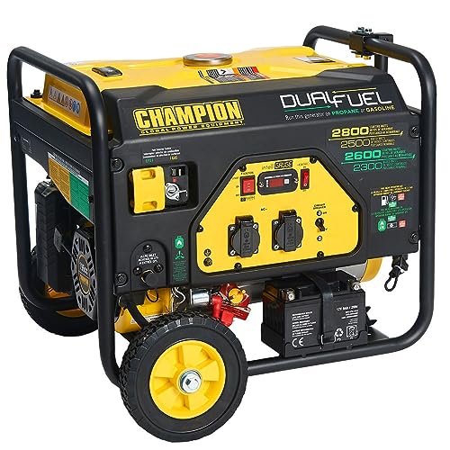 Champion Power Equipment Stromaggregat Benzin + Gas (2800 Watt, tragbarer Dual Fuel Stromerzeuger, Generator mit integriertem Griff + Radsatz, 68 dB(A)) CPG3500E2-DF-EU von Champion Power Equipment