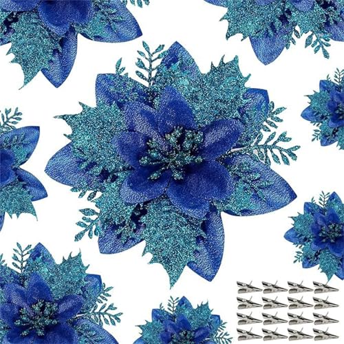 Champracer 15 Stück Weihnachten Blumen 14 cm Glitzer Weihnachtsblumen mit Clips, Simulation Künstliche Blume Weihnachtsbaum Ornament für Weihnachten Neujahr Hochzeit (Blau) von Champracer