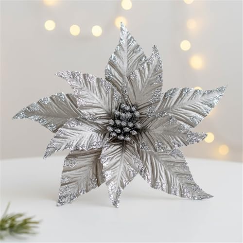 Champracer 5 Stück Weihnachtsblumen, Künstliche Weihnachtsblumen, Hängende Weihnachtsdekoration, Weihnachtsstern Glitzer Blume für Weihnachtsbaumschmuck Hochzeit Party Kranz Dekor (Silber,25 cm) von champracer