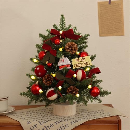 Mini Weihnachtsbaum, Weihnachtsbaumschmuck, Weihnachtsbaum Klein Beleuchtet, mit Weihnachtsschmuck und Holzsockel für Weihnachtsurlaub Party Home Office Decor (Rot Set,45 cm) von Champracer