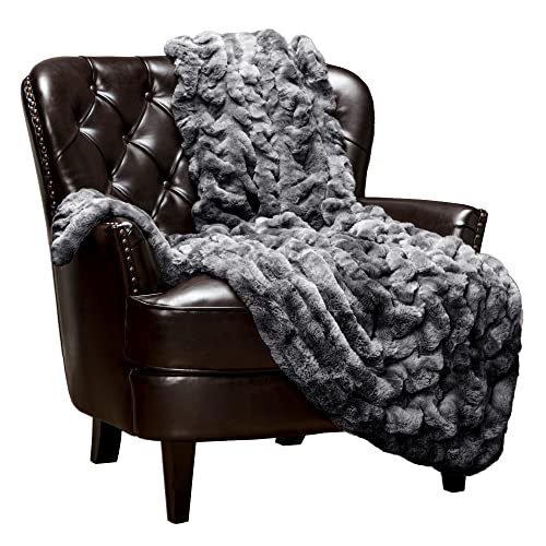 Chanasya Ruched Royal Faux Fur Throw Blanket - Fuzzy Plush Elegant Blanket for Sofa Chair Couch and Bed with Reversible Velvet Blanket (50x65 Inches) Dark Gray von Chanasya