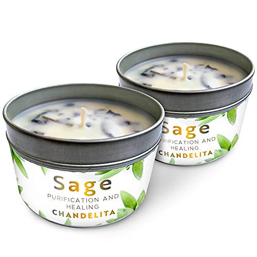 Chandelita Duftkerze aus Reinem Salbei mit Salbeiblättern – Für Segen, Hausenergie & Spirituelle Reinigung – Duftkerzen aus Sojawachs – Vegane Kerze – Aromatherapie Candle – Chakra-Heilung (2 Stk.) von Chandelita