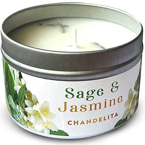 Chandelita Duftkerze Aroma Kerze Mit Ätherische Öle Naturrein Aus Salbei Und Jasmin - Salbeiblätter, Mit Sojawachs Zur Reinigung, Entspannung Und Meditation - Chakra Kerze - Aromatherapie Kerze von Chandelita