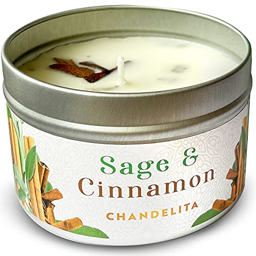 Chandelita Duftkerze Mit Ätherische Öle Naturrein aus Salbei Und Zimt für Meditation & Reinigung – Duftkerzen aus Sojawachs – Vegane Kerze – Aromatherapie Candle – Chakra Kerze von Chandelita