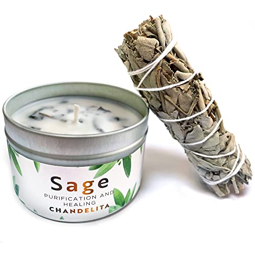 Chandelita Set Weißer Salbei & Salbei Duftkerze für Meditation & Spirituelle Reinigung – Handgemachte Duftkerzen aus Sojawachs – Vegane Kerze mit Ätherischen Ölen – Aromatherapie Candle – Chakra Kerze von Chandelita