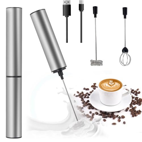 ChaneeHann Wiederaufladbarer Milchaufschäumer Stab USB Edelstahl Mit 3 Aufsätzen 2 Geschwindigkeiten 800 mAh Für Kaffee Küchenhelfer Rührgerät Mixer Schneebesen Silber von ChaneeHann