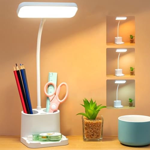 Schreibtischlampe LED Dimmbar, Touch LED Schreibtischleuchte mit Stifthalter, 3 Farben&Stufenloses Dimmen, 4800 mAh 360° Verstellbar Schwanenhals Leselicht Wohnzimmer Büro von ChaneeHann