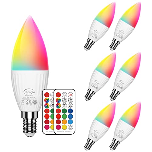 ChangM LED Lampe E14 RGBW 2700K 6er Set LED Farbwechsel Birne 5 Watt (ersetzt 40W), Dimmbar Farben LED Glühbirne, Farbwechsel Glühbirne mit Fernbedienung | RGB und warmweiss 2700K von ChangM