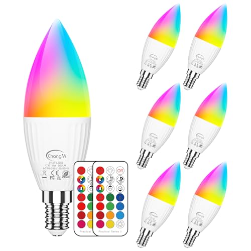 ChangM LED Lampe E14 RGBW 5700K, 6er Set LED Farbwechsel Birne 5 Watt (ersetzt 40W), Dimmbar Farben LED Glühbirne, Farbwechsel Glühbirne mit Fernbedienung | RGB und Kaltes Weiß 5000K von ChangM