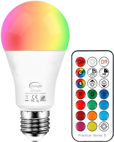 ChangM RGBW LED Lampen, 10W E27 LED Farbige Licht Leuchtmit RGB LED Leuchtmittel Dimmbar mit Fernbedienung, Farbwechsel Lampen LED Birnenmit 12 Farben+ Warmweiß von ChangM