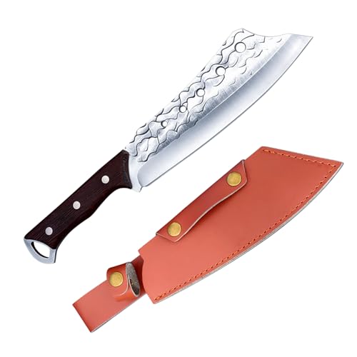 Changtai Küchenmesser Hackmesser Aus Geschmiedetem Stahl Kochmesser Ausbeinmesser Profi Scharf Dick Wiegemesser mit Messerscheide Leder, Messer für Hause Ausflug Camping von Changtai