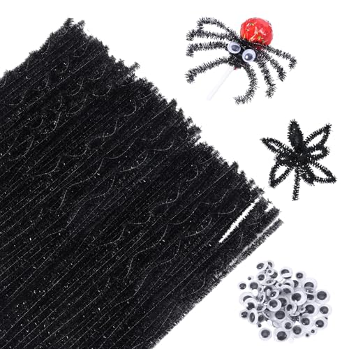 200 Stk Pfeifenputzer zum Basteln mit Sicherheitsaugen für Häkeltiere(8/10mm), 30cm Pfeifenreiniger Macaron-Farbe, Pfeifenputzer Bunt, Pfeifenreiniger zum Basteln (Schwarz) von ChanraingYee
