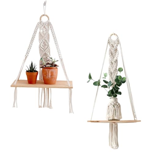 2er Set Wandregal Makramee Hängeregal, Baumwollseil Handgewebte Schweberegal Boho Deko, Makramee Schaukelregal Holzregal, Balkon Badezimmer Wohnzimmer Schlafzimmer Kinderzimmer Wanddeko (A + B) von Chansunokku