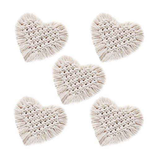 5 Stück Makramee Untersetzer Für Getränke, Handgewebtes Bohemia Baumwolluntersetzer, Boho Bauernhaus Getränkeuntersetzer Cup Matte Fur Tassen, Vasen, Kerzen Desktop Dekoration (Herzförmig) von Chansunokku