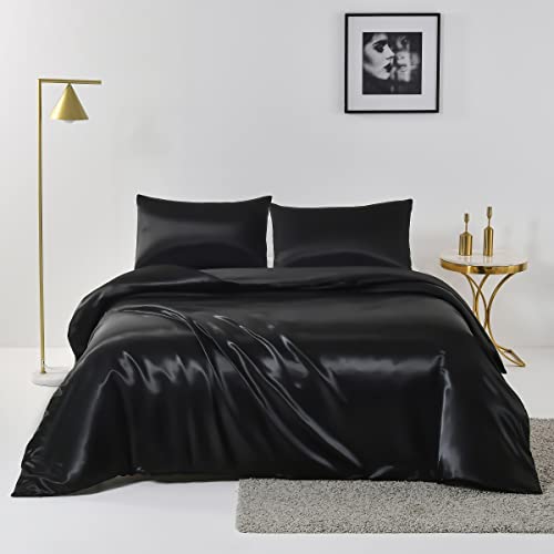 Chanyuan 2 TLG. Seide Satin Bettwäsche Set Schwarz Bettdeckenbezug 155x220cm mit Kopfkissenbezug 80x80cm 2 teilig Bettbezug mit Reißverschluss von Chanyuan