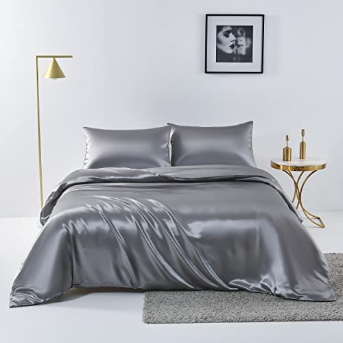 Chanyuan 2 TLG.Grau Seide Satin Bettwäsche Set | Bettdeckenbezug 155x220 cm mit Kopfkissenbezug 80x80 cm | Anthrazit | 2 teilig Bettgarnitur | Baumwolle Bettbezug mit Reißverschluss von Chanyuan