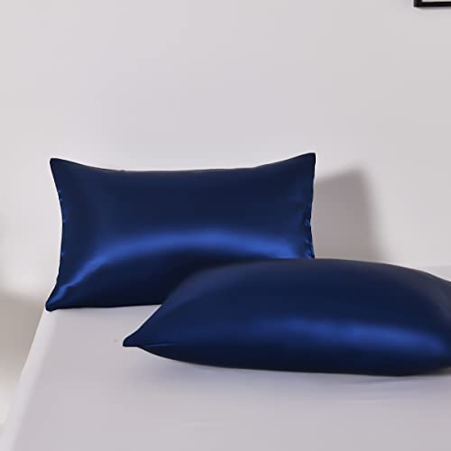 Chanyuan 2er Set Dunkelblau Satin Kissenbezug 40 x 80 cm Glatt Angenehm Mikrofaser Kissenbezüge Kopfkissenbezug mit Umschlag für Haar-und Hautpflege von Chanyuan