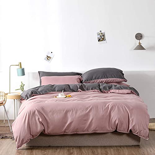 Chanyuan Bettwäsche 200 x 220 cm Rosa Grau Microfaser Wendebettwäsche Set Uni Deckenbezug Doppelbett Bettbezug 200x220cm mit Reißverschluss und 2 Kissenbezüge 80 x 80 cm von Chanyuan