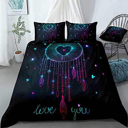 Chanyuan Traumfänger Bettbezug Liebe Muster 155x220 cm, 2 Teilig Schwarz Bettwäsche Set Mädchenbettwäsche Kinderbettwäsche Weich Mikrofaser Exotisch Stil Federn mit Reißverschluss von Chanyuan