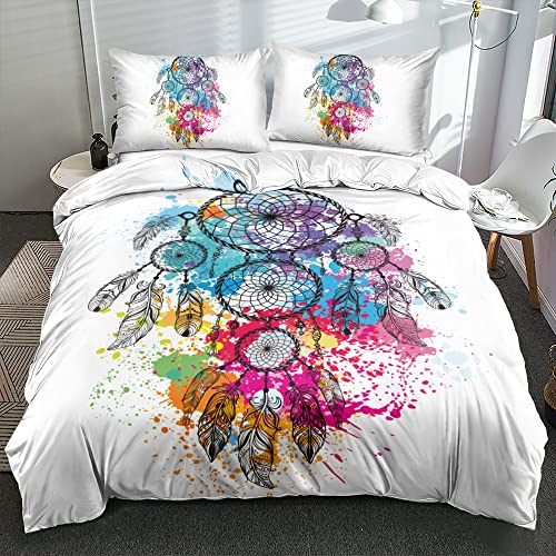 Chanyuan Traumfänger Bunt Bettbezug 135x200 cm, 2 Teilig Weiß Bettwäsche Set Hypoallergen Weich Mikrofaser Exotisch Stil Federn und Blumen Muster mit Kissenbezug 80x80 cm von Chanyuan