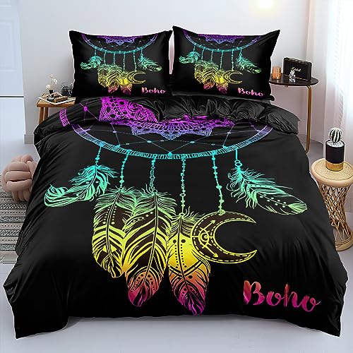 Chanyuan Traumfänger Bunt Feder Muster Bettbezug 135x200 cm, 2 Teilig Schwarz Bettwäsche Set Mädchenbettwäsche Kinderbettwäsche Weich Mikrofaser Exotisch Boho Stil mit Reißverschluss von Chanyuan