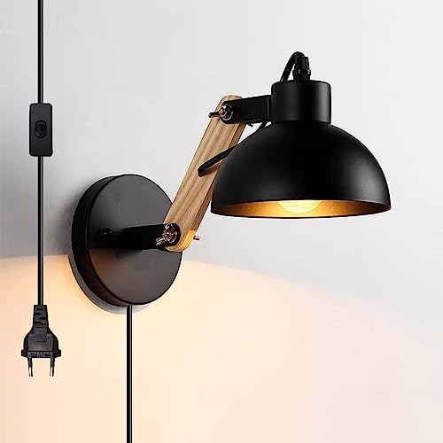 Chao Zan Holz Wandleuchte mit Stecker Schalter, Vintage Rustikales Retro Innen Wandlampe Verstellbare Hängende Wandhalterung, Industrie Lese Leuchten Deko (Ohne E27 Leuchtmittel) (Schwarz) von Chao Zan