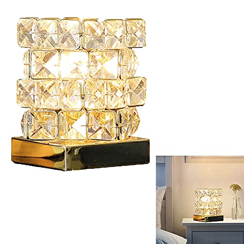 Chao Zan Nachttischlampe Kristall Tischlampe E27 Modernes Nachtlicht K9 Kristallglas Mit Metallrahmen Tischleuchte Metall Glas Lampenschirm kreativ Für Schlafzimmer, Wohnzimmer, Esszimmer, Golden von Chao Zan