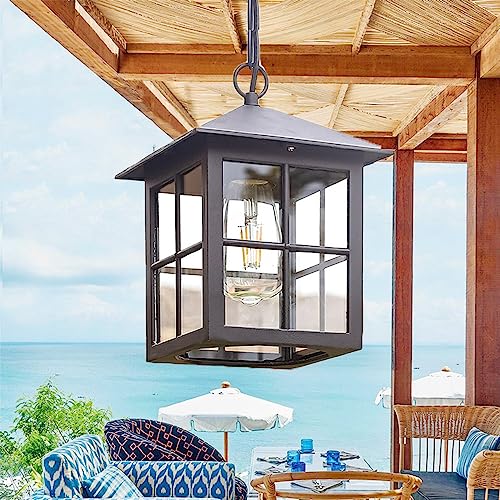 Chao Zan Pendelleuchte Deckenleuchte Outdoor Pendellampe Höhenverstellbar Retro Außen/Innen Hängeleuchte E27 Schwarz Wasserdichter IP23 Metall Glas Lampenschirm für Garten Flur Balkon Pavillon Villa von Chao Zan