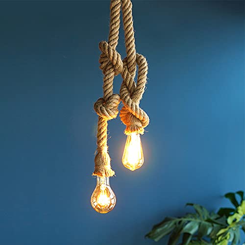 Chao Zan Pendelleuchte Hanfseil DIY Kronleuchter Vintage Hängelampe Seil Hängeleuchte Deckenleuchte Industrie Retro E27 Fassungen für Wohnzimmer Café Restaurant, Glühbirne nicht (Doppelt, 300cm) von Chao Zan