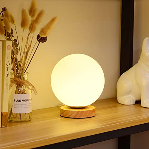 Chao Zan Tischlampe Runde Kugel Wohn- & Schlafzimmer, Holz & Milchglas, Nachttischlampe, 17 x 12 x 12 cm, weiß/Holzfarbe von Chao Zan