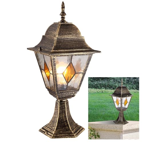 Chao Zan Wegeleuchte Glas Aluminium in Kupfer Antik IP55 Weg Garten 42 cm hoch E27 Tiffany Stil Rustikal Laterne Sockelleuchte Außen,ohne Leuchtmittel (Klein) von Chao Zan