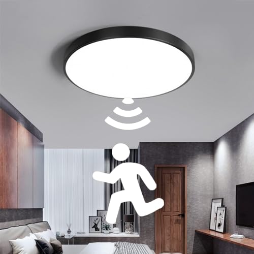 Deckenlampe mit Bewegungsmelder, 18W Deckenleuchte mit Sensor Innen Kaltweiß 6000k LED Deckenleuchte Rund Sensor Lampe Innen Rund Bewegungssensor für Balkon Keller Flur Treppe Veranda (Schwarz, 40W) von Chao Zan