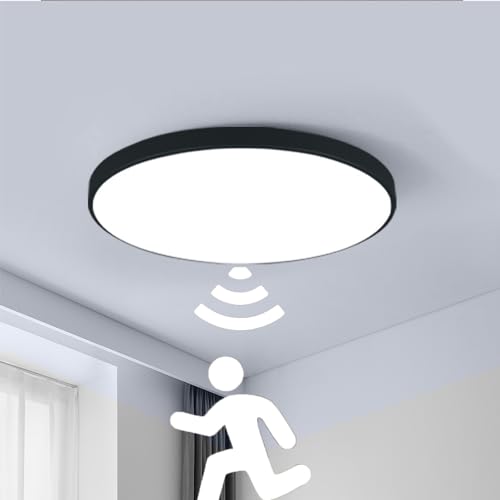 Deckenlampe mit Bewegungsmelder, 18W Deckenleuchte mit Sensor Innen Kaltweiß 6000k LED Deckenleuchte Rund Sensor Lampe Innen Rund Bewegungssensor für Balkon Keller Flur Treppe Veranda (Schwarz, 30W) von Chao Zan