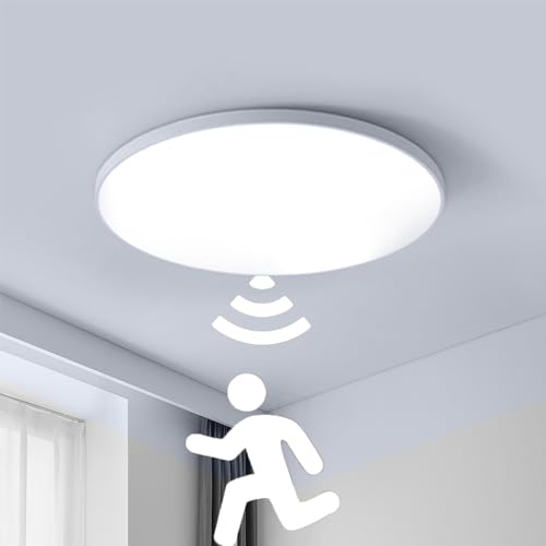 Deckenlampe mit Bewegungsmelder, 18W Deckenleuchte mit Sensor Innen Kaltweiß 6000k LED Deckenleuchte Rund Sensor Lampe Innen Rund Bewegungssensor für Balkon Keller Flur Treppe Veranda (Weiß, 40W) von Chao Zan