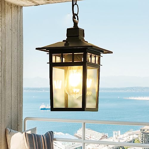 Deckenleuchte Hängelampe Aussen Pendelleuchte Schwarz Vintage Industrie E27 Innen Metall Hängeleuchte Wasserdichte IP23 Aluminium Glas Outdoor Retro Pendellampe Lampenschirm Laterne für Garten von Chao Zan