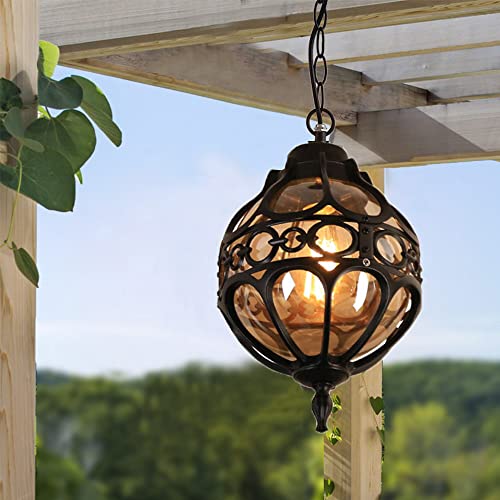 Draußen Pendelleuchte Wasserdicht IP44 Außen-Leuchte Aluminium Glas E27 Runde Kugel Schatten Retro Ball Laterne Hoflampe Im Freien Garten Balkon Trauben Rahmen Landhaus Treppen Hof Hängeleuchte von Chao Zan